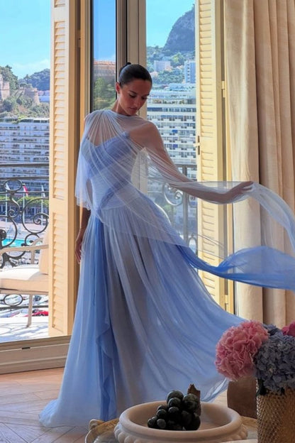 formaldressy-(Includes Scarf)Soft Blue Elegant Classic Dress Gradient Dress gh6327
