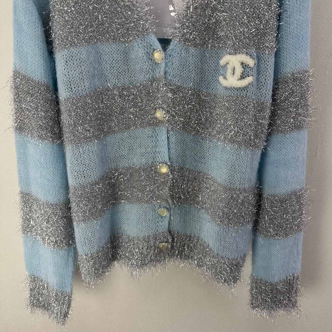 CC 26C Knit Long-Sleeve Cardigan Blue Grey Stripes Wool Acrylic Nylon 349042