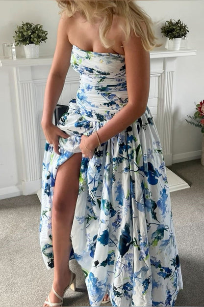 formaldressy-Blue And White Floral Long Satin Chiffon Ball Gown Graduation Dress gh5927
