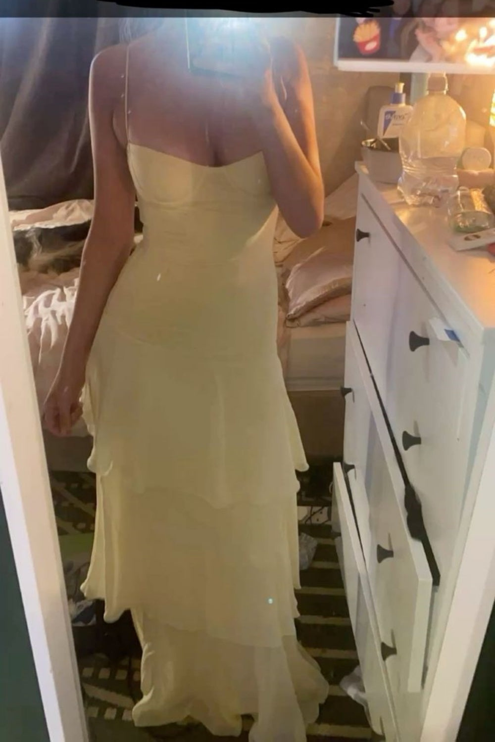 formaldressy-Yellow casual ruffled long chiffon dress gh5860