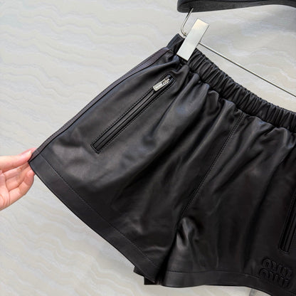 Miu SS26 Striped Nappa Leather Shorts Black Lambskin 351112