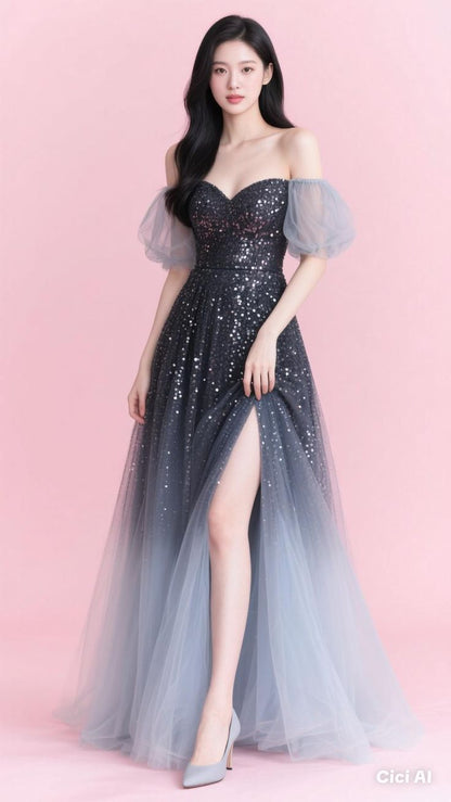 Pink Ombre Mermaid Off the Shoulder Sequin Tulle Prom Dress Party Dress 16th Birthday Dress SH4107
