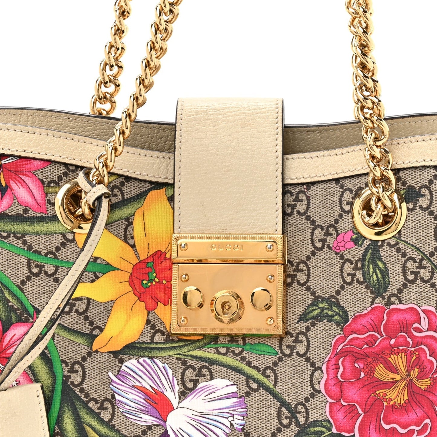 GG Supreme Monogram Flora Textured Calfskin Small Padlock Tote Beige Ebony Multicolor Mystic White