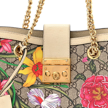 GG Supreme Monogram Flora Textured Calfskin Small Padlock Tote Beige Ebony Multicolor Mystic White