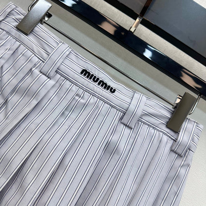 Miu Miu Pleated Striped Midi Skirt Grey Cotton 341903