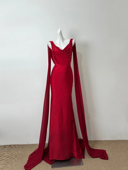 formaldressy--Red sway collar halter back ribbon long satin prom dress party dress gh5478