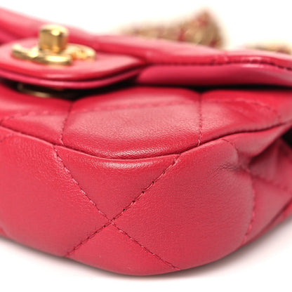 Calfskin Quilted Lady Handle Flap Card Holder With Chain Dark Pink