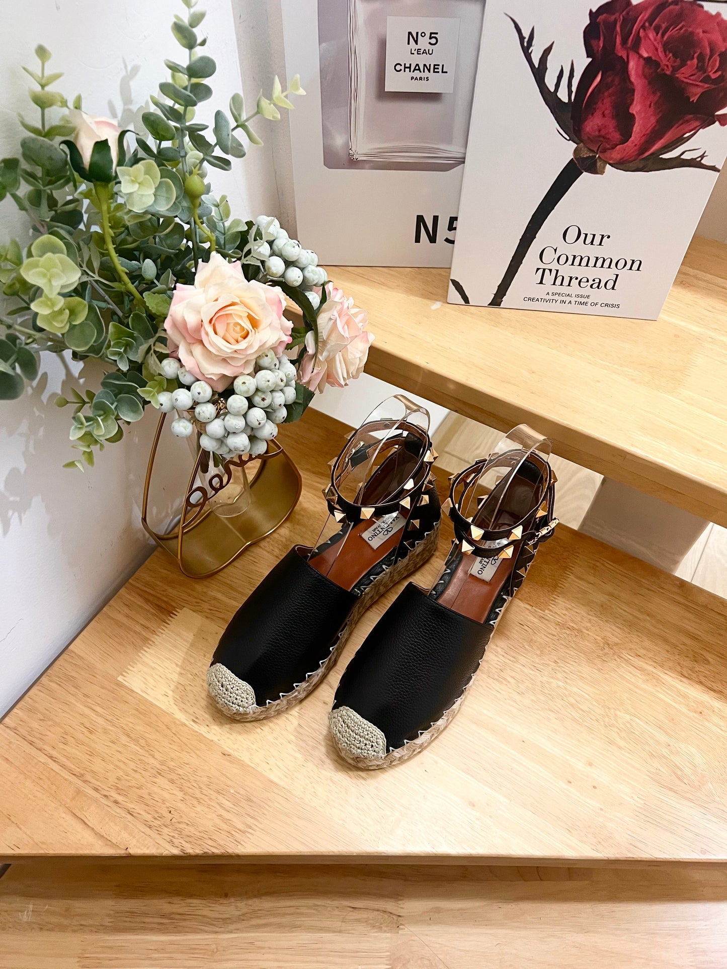 Valentino Rockstud Espadrille Sandals Black Leather 240596