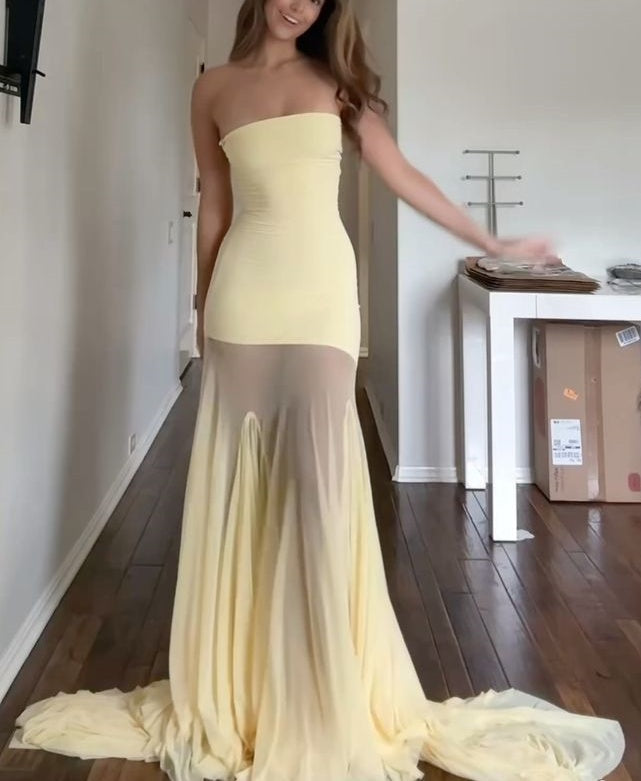 formaldressy-Yellow Elegant Mermaid Slim Long Chiffon Prom Dress Graduation Dress gh5930