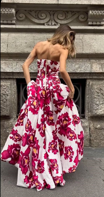 formaldressy-Red Floral Long Satin Chiffon Ball Gown Graduation Dress gh5928