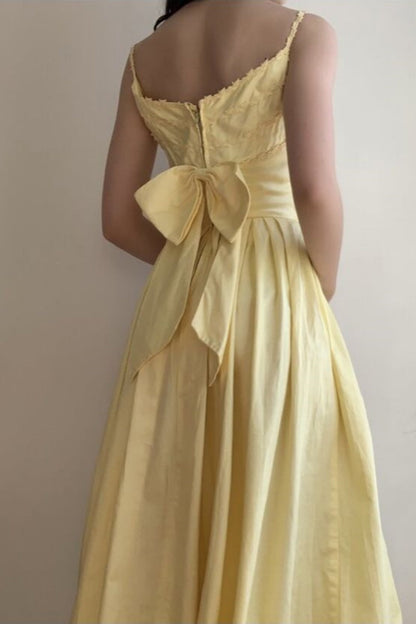 formaldressy-- Yellow spaghetti strap long satin dress gh5722