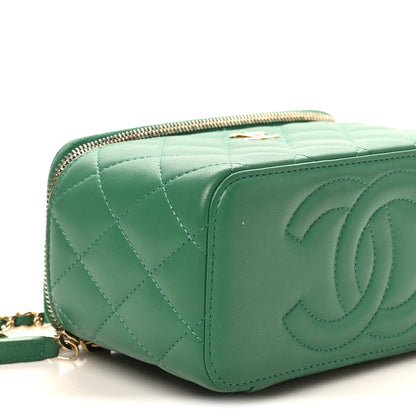 Lambskin Quilted Small Top Handle Vanity Case With Chain Green