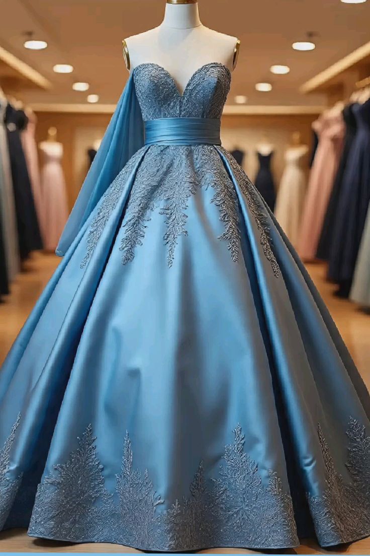 formaldressy-Blue, delicately beaded, long satin ball gown gh6159