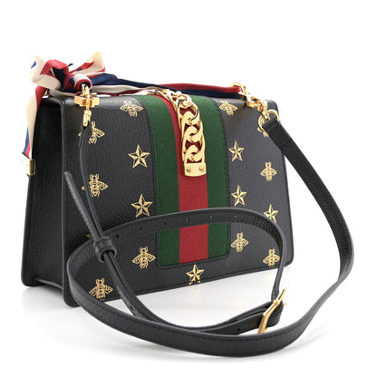 Textured Calfskin Bee Star Print Small Sylvie Shoulder Bag Black
