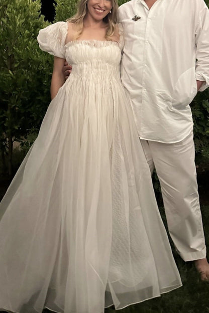 formaldressy-Short-Sleeved Dress White Simple Casual Retro Fashion Long Prom Dress Artistic Puff Sleeve Maternity Dress gh5852