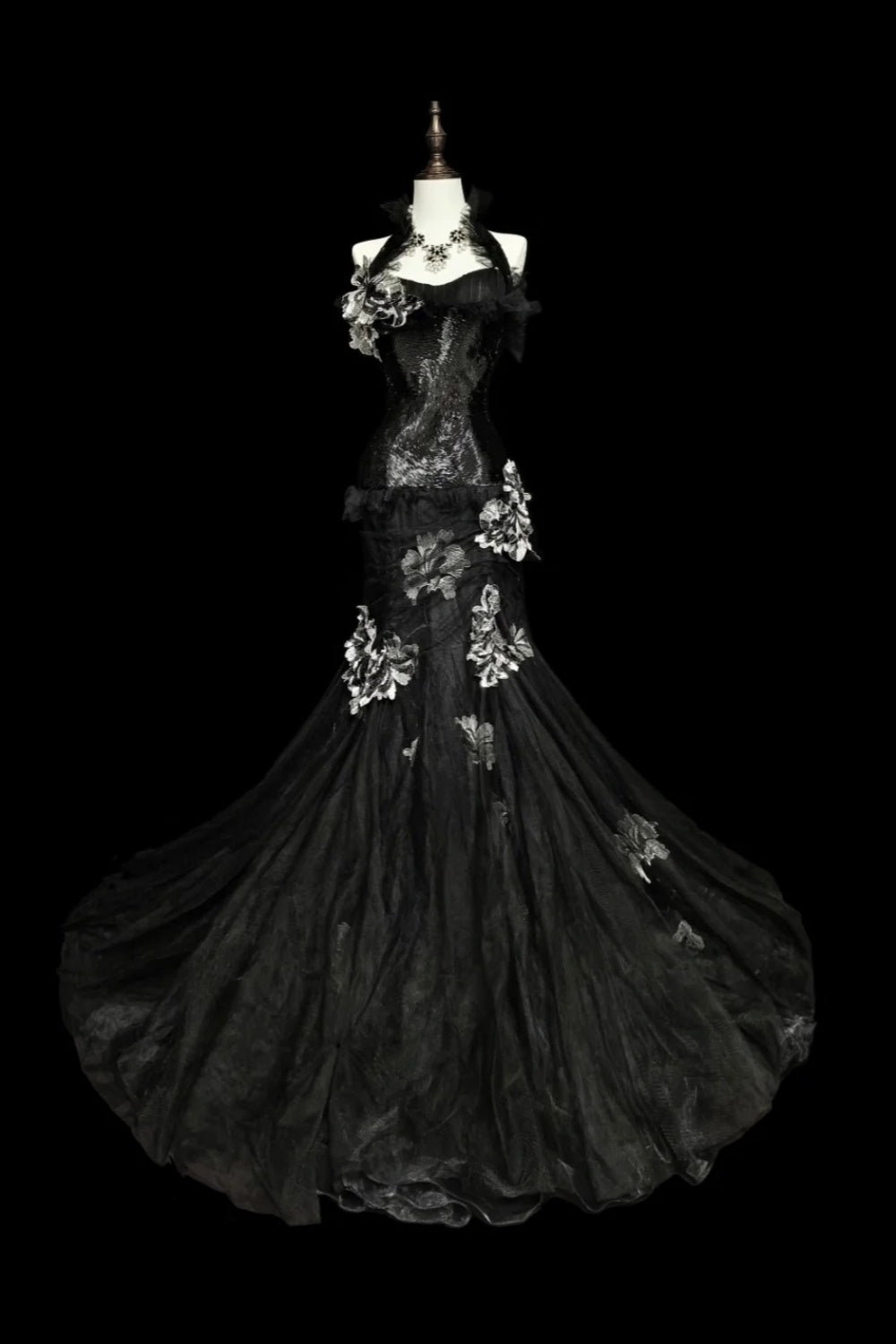 formaldressy-Evening dress Black mermaid-inspired floral gown, uniquely elegant dark mermaid long tulle ball gown/evening dress. gh6138
