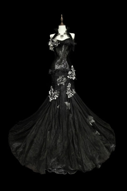 formaldressy-Evening dress Black mermaid-inspired floral gown, uniquely elegant dark mermaid long tulle ball gown/evening dress. gh6138