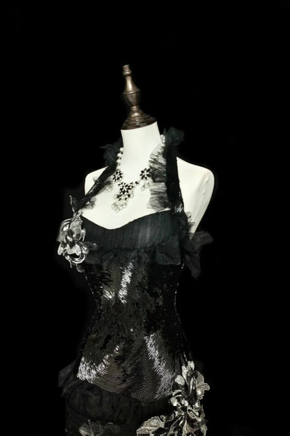 formaldressy-Evening dress Black mermaid-inspired floral gown, uniquely elegant dark mermaid long tulle ball gown/evening dress. gh6138