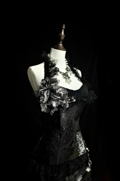formaldressy-Evening dress Black mermaid-inspired floral gown, uniquely elegant dark mermaid long tulle ball gown/evening dress. gh6138