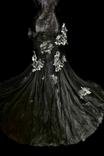 formaldressy-Evening dress Black mermaid-inspired floral gown, uniquely elegant dark mermaid long tulle ball gown/evening dress. gh6138