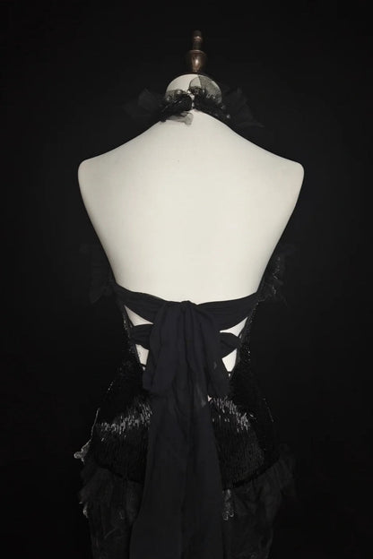 formaldressy-Evening dress Black mermaid-inspired floral gown, uniquely elegant dark mermaid long tulle ball gown/evening dress. gh6138