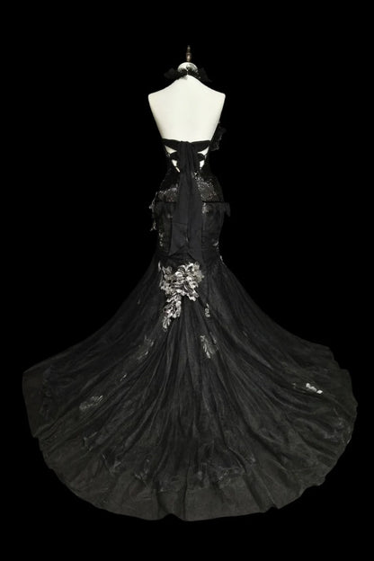 formaldressy-Evening dress Black mermaid-inspired floral gown, uniquely elegant dark mermaid long tulle ball gown/evening dress. gh6138