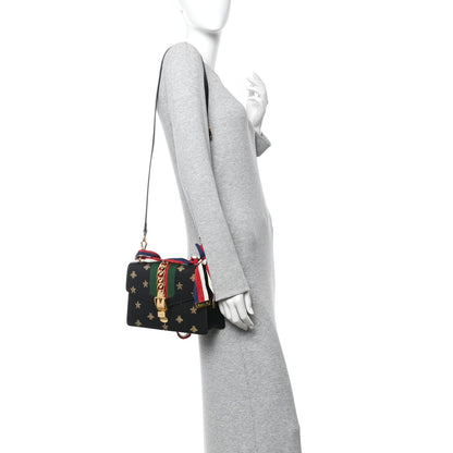 Textured Calfskin Bee Star Print Small Sylvie Shoulder Bag Black