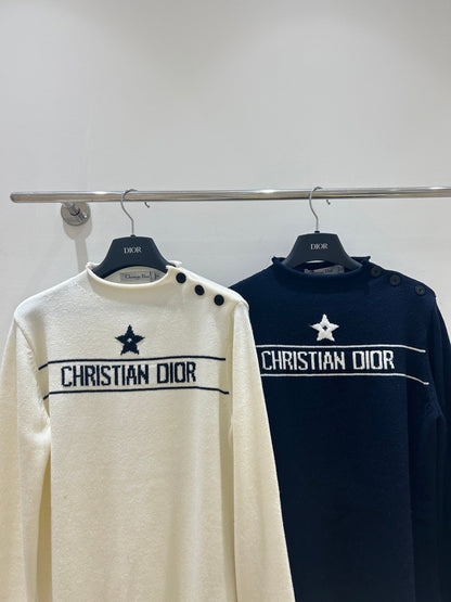 Dior 2025 Knit Sweater With Shoulder Button White and Navy Blue Wool