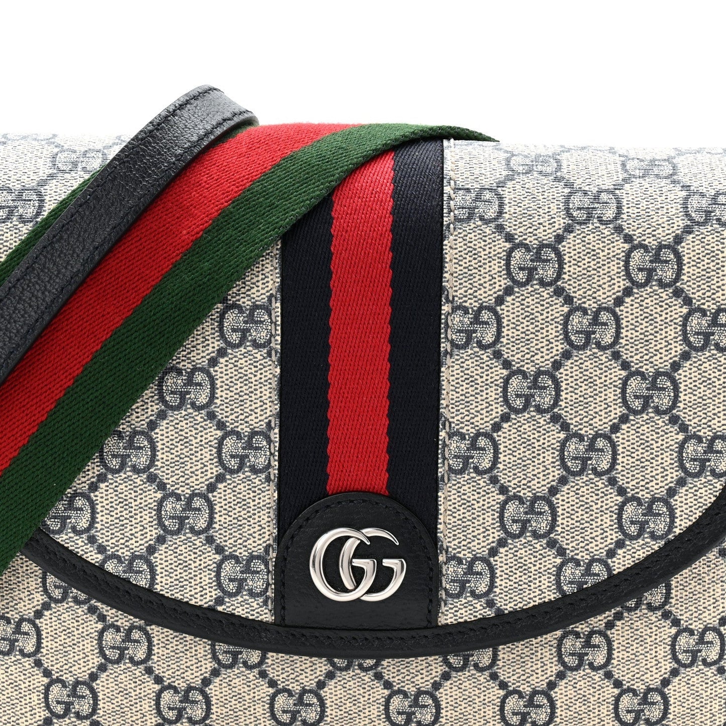 GG Supreme Monogram Textured Dollar Calfskin Web Studded Mini Ophidia Flap Shoulder Bag Beige Blue