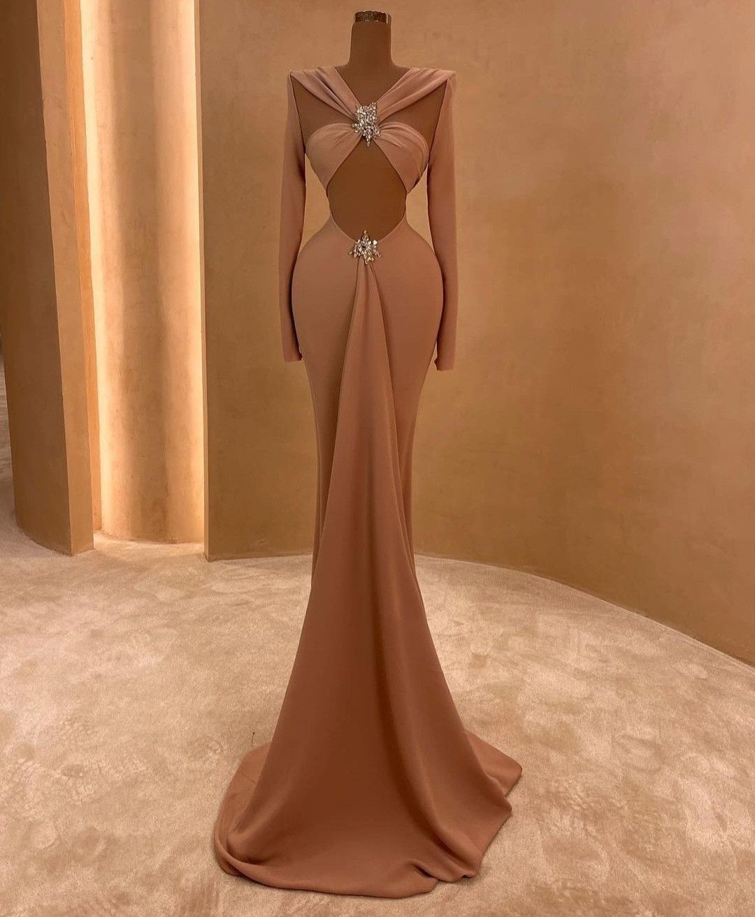 formaldressy-Nude sexy long sleeve exquisite beaded long satin prom dress gh5428