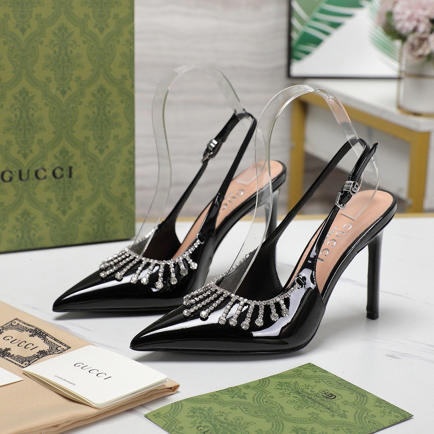 GG CRYSTAL HIGH HEEL SANDAL BLACK LAMBSKIN