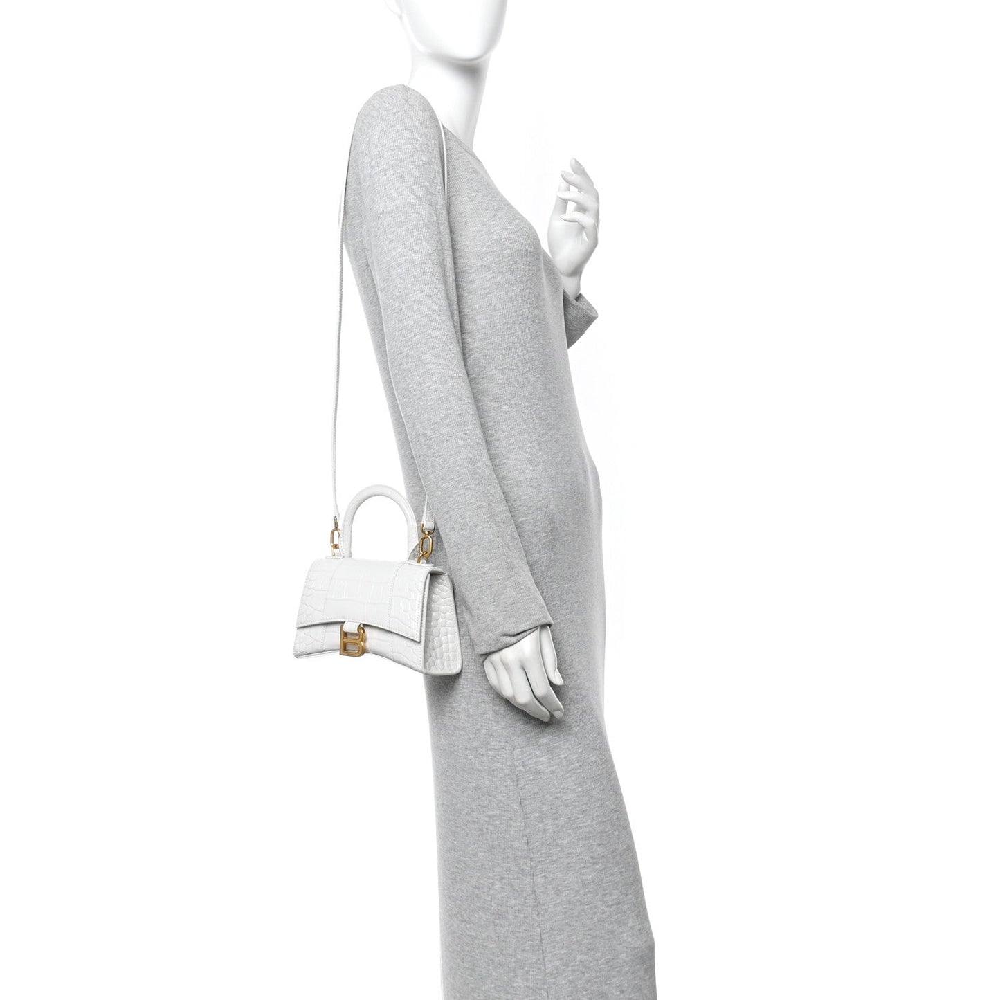 Shiny Calfskin Crocodile Embossed Hourglass Top Handle Bag XS White