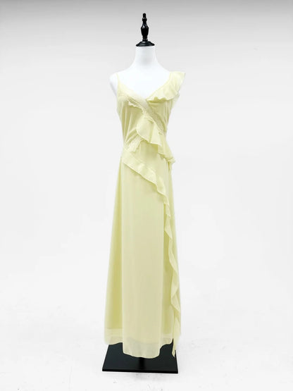 formaldressy-Yellow ruffle chiffon long prom dress birthday party dress gh5421