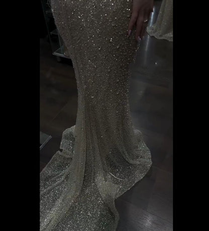 Sparkly Mermaid Square Neck Sequin Champagne Prom Dresses Party Dress 18th Birthday Outfits cg26175