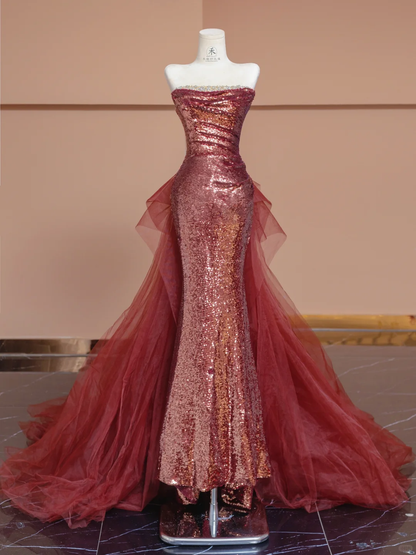 Shiny Mermaid Strapless Red Sequin Tulle Long Prom Dress Party Dress SH4366