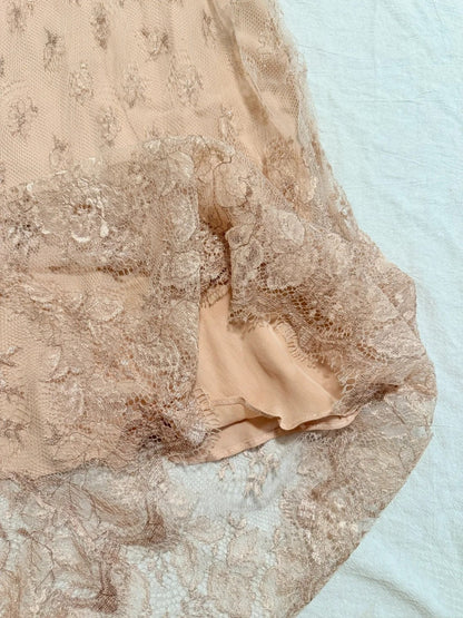 formaldressy-Nude Pink Lace Spaghetti Straps Midi Dress with Beading Detail gh6313