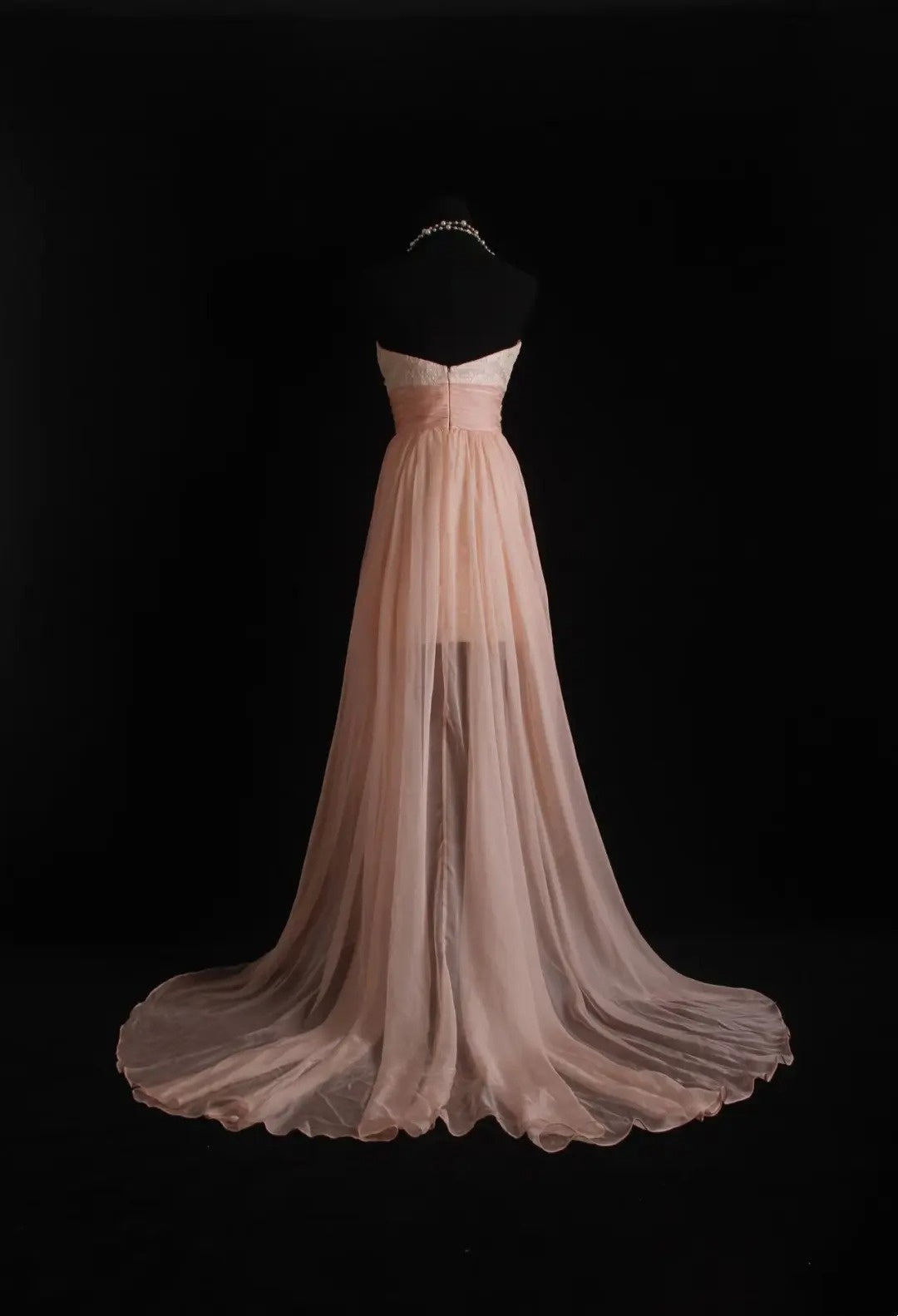 formaldressy-Light Pink Lace and Chiffon Sleeveless High-Low Train Evening Gown gh6306