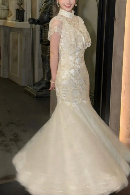 formaldressy-Birthday dress Lace Embroidery High-neck Gown, Retro Elegance Shows Feminine Softness gh5898