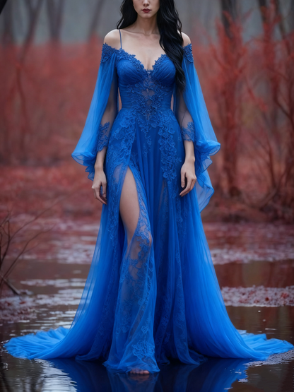 formaldressy-Long Sleeves Long Tulle Floor-Length Train Retro Elegant Ball Gown Evening Dress gh5943