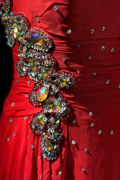 formaldressy-Glamorous Shiny Red Crystal One Shoulder Prom Dress gh5849