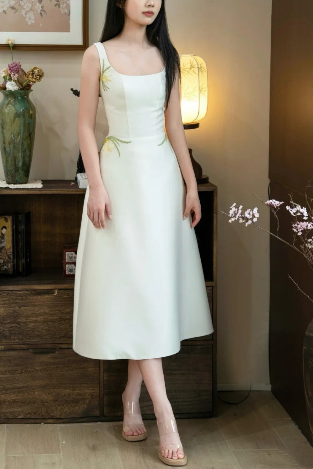formaldressy- Vintage Beige Orchid Grass Embroidered Square Neck Midi Chinese Style Evening Gown gh6035