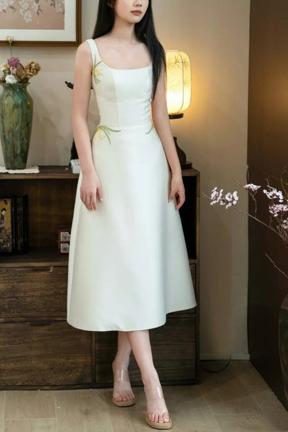 formaldressy- Vintage Beige Orchid Grass Embroidered Square Neck Midi Chinese Style Evening Gown gh6035