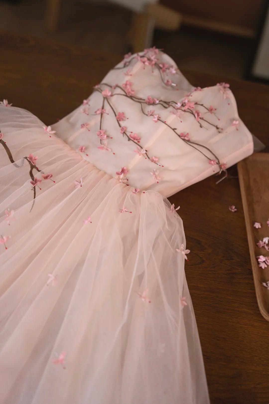 formaldressy- Vintage Peach Pink Plum Blossom 3D Embroidered Strapless Tulle Chinese Style Evening Gown gh6034