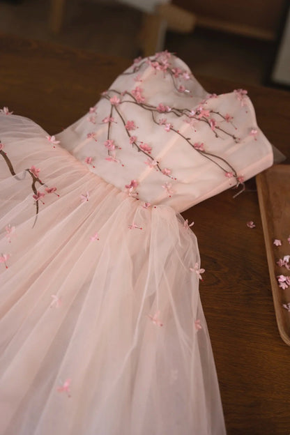 formaldressy- Vintage Peach Pink Plum Blossom 3D Embroidered Strapless Tulle Chinese Style Evening Gown gh6034