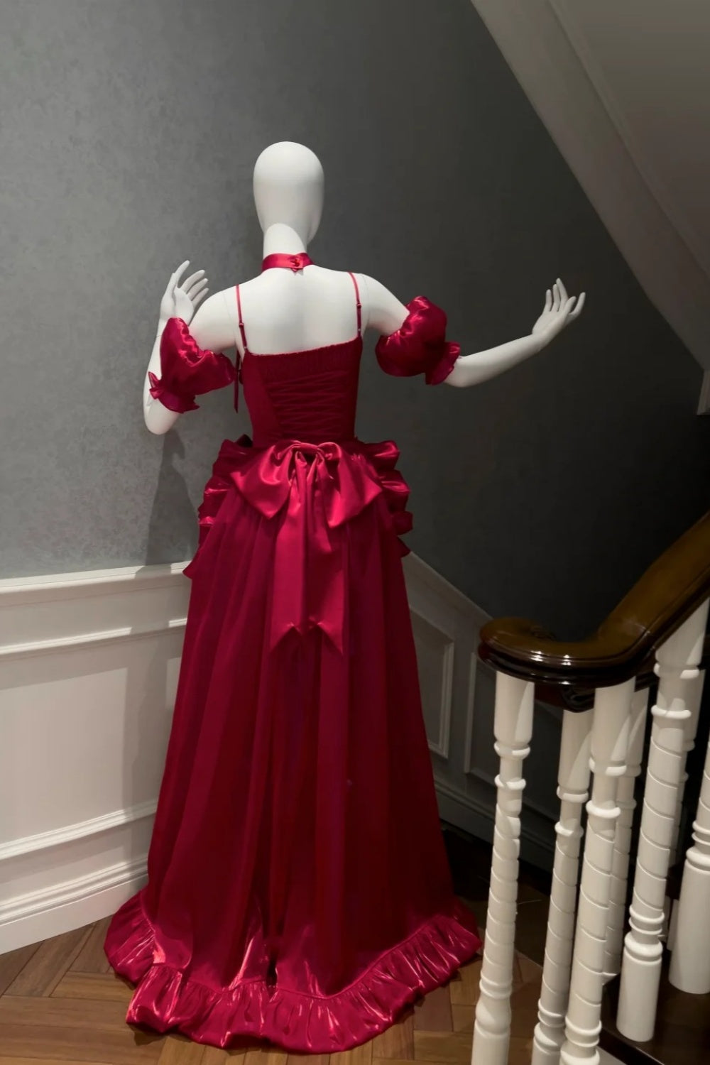 formaldressy-Burgundy Satin Spaghetti-Strap Puff-Sleeve Train Gown  gh6383