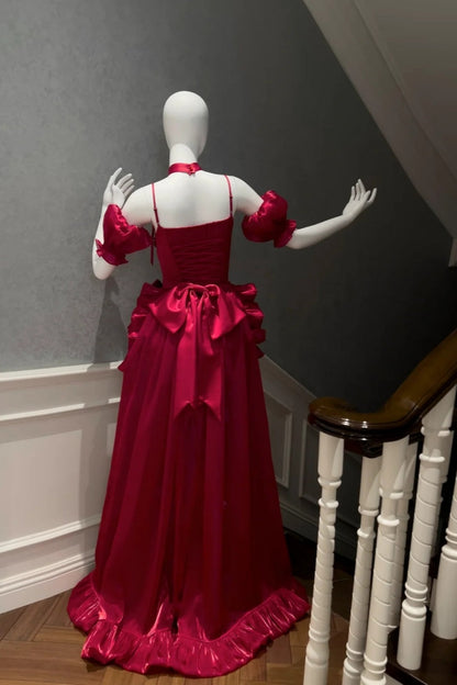 formaldressy-Burgundy Satin Spaghetti-Strap Puff-Sleeve Train Gown  gh6383