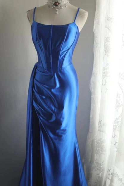 formaldressy-Sleeveless Royal Blue Satin Mermaid Dress, Retro Elegant Slim - fitting Floor - length Evening Gown  gh5828