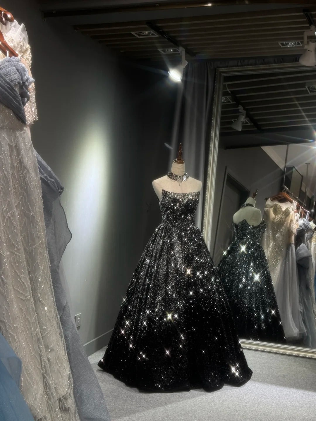 formaldressy -Black silver gradient shimmering long sequined tulle ball gown evening dress gh5109