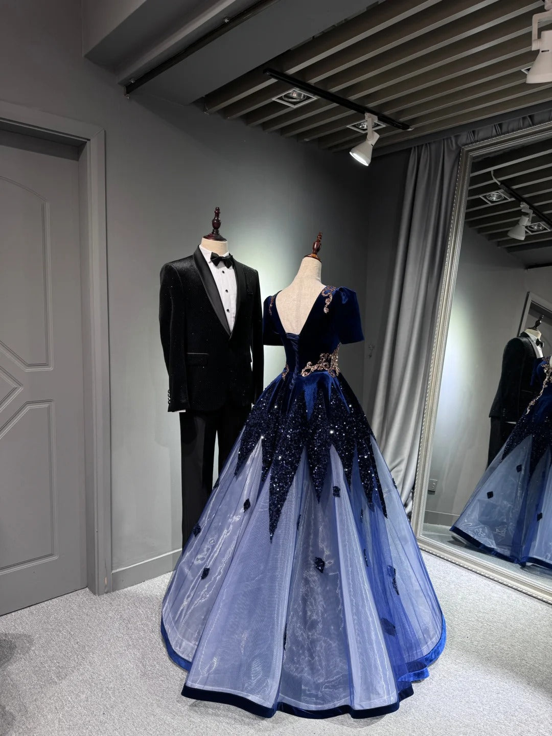 formaldressy -Blue shiny long sequined tulle ball gown evening dress graduation dress gh5110
