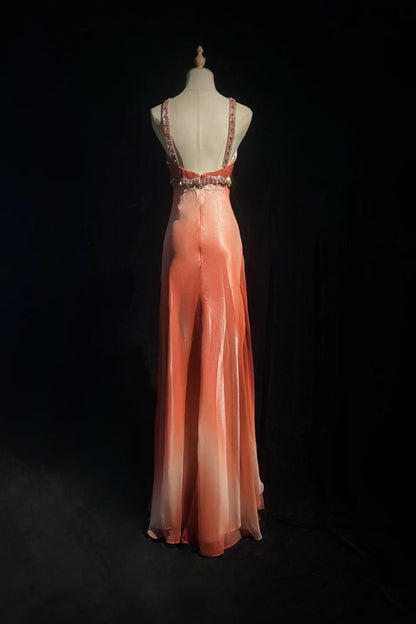 formaldressy-Orange Elegant Gradient Beaded Long Chiffon Prom Dress gh6246